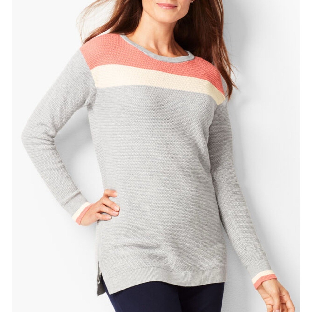 T By Talbots Colorblock Textured Crewneck‎ Sweater XS Gray Orange Side Zips